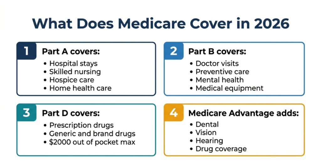 what does medicare cover 2026 parts a b d advantage overview
