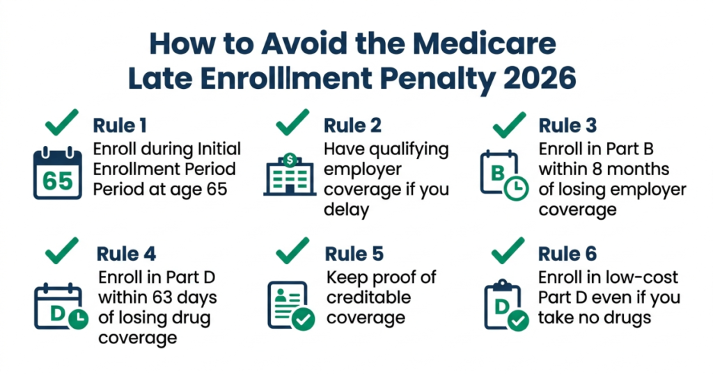 how to avoid medicare late enrollment penalty 2026 six rules