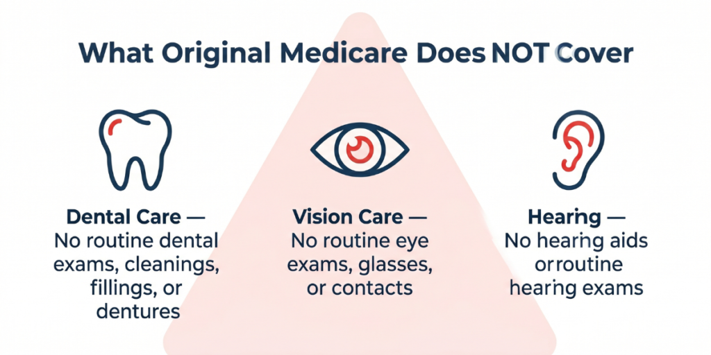 what original medicare does not cover dental vision hearing 2026