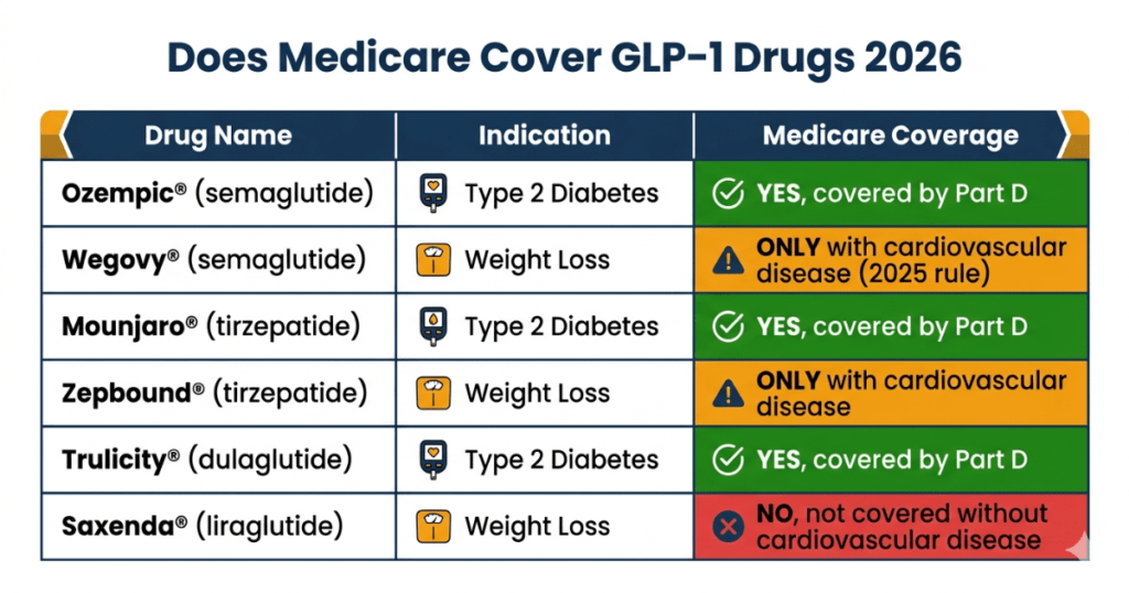 does medicare cover glp-1 drugs 2026 ozempic wegovy mounjaro coverage chart
