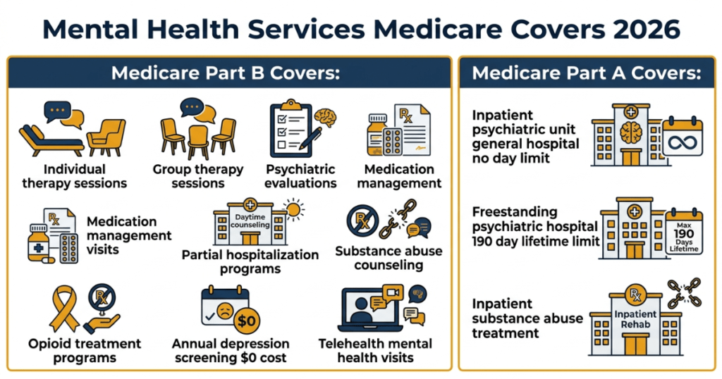 mental health services medicare covers 2026 part a part b complete list