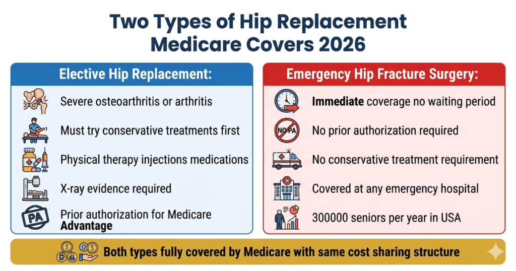 two types hip replacement medicare covers 2026 elective vs emergency fracture