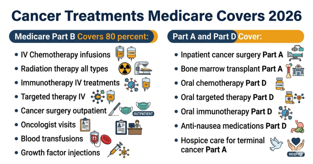 cancer treatments medicare covers 2026 part a part b part d complete list