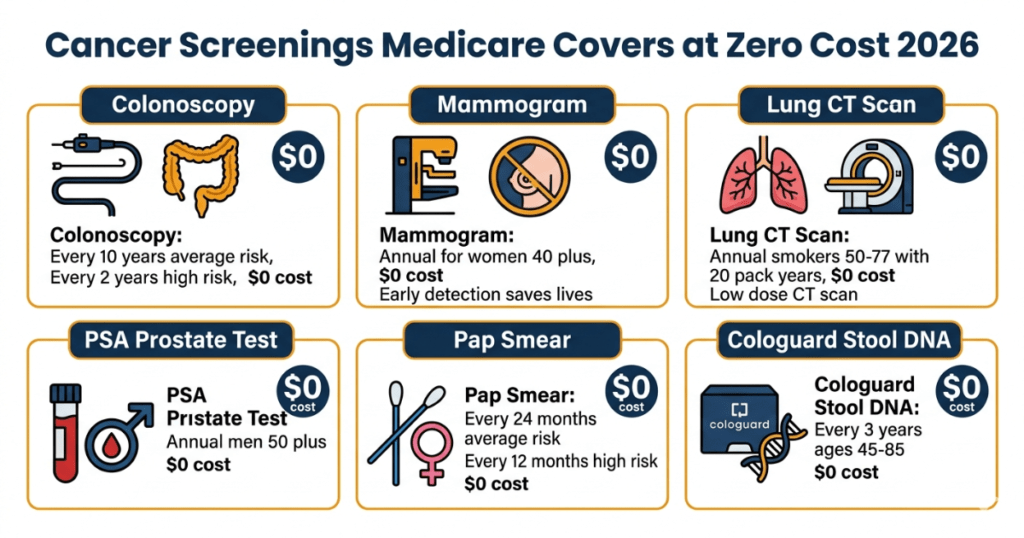 cancer screenings medicare covers zero cost 2026 colonoscopy mammogram lung psa