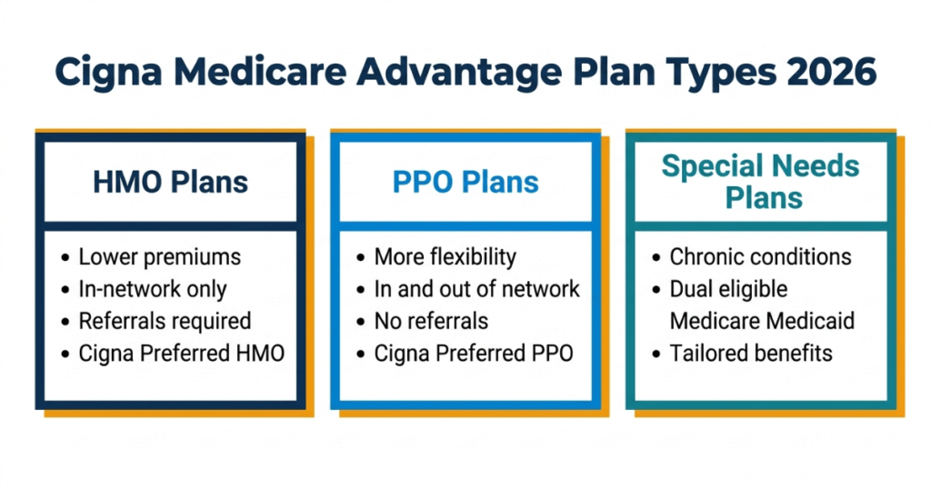 cigna medicare advantage plan types 2026 hmo ppo snp explained
