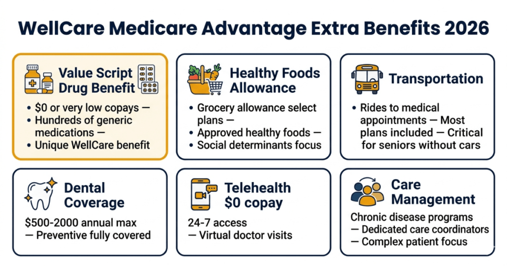 wellcare medicare advantage extra benefits 2026 value script grocery transportation