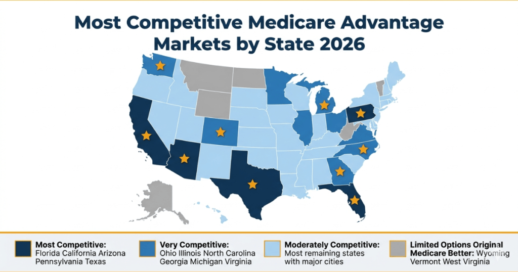 most competitive medicare advantage markets by state 2026 usa map comparison