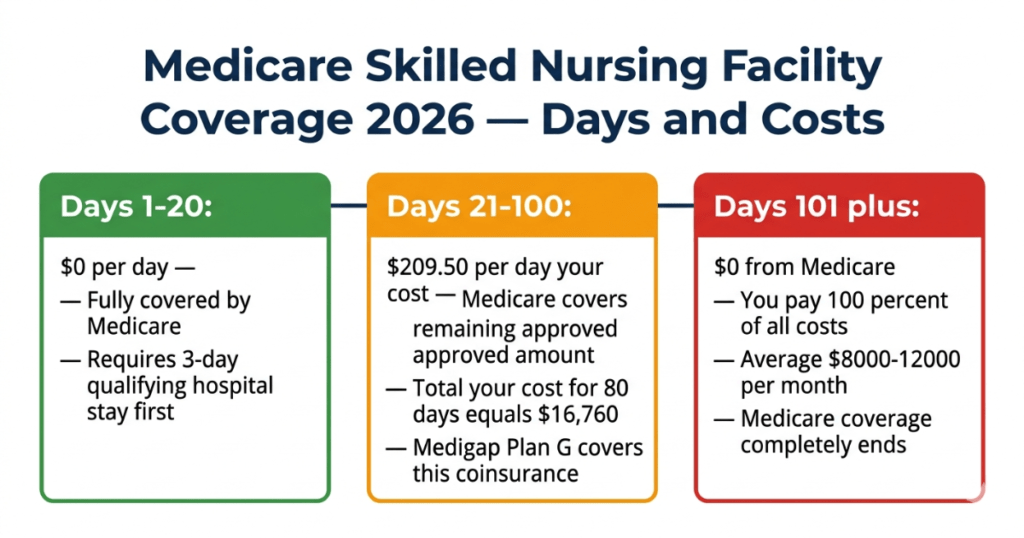 medicare skilled nursing facility coverage days costs 2026 day 1-20 21-100 101