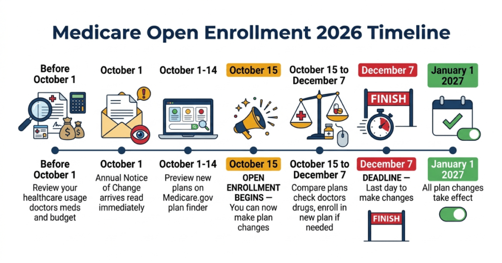 medicare open enrollment 2026 timeline key dates october 15 december 7