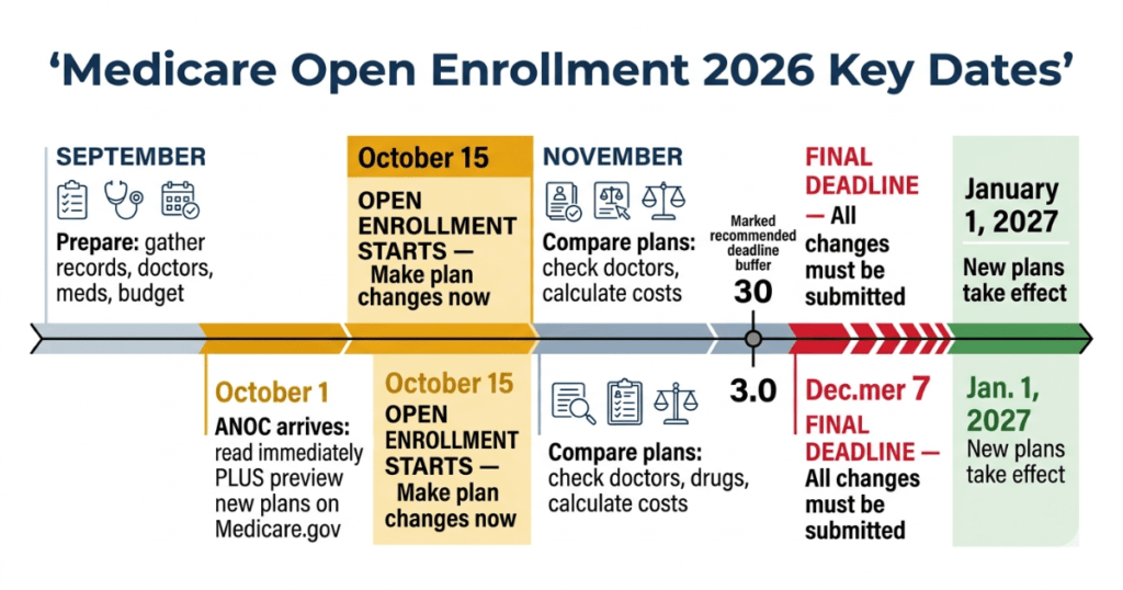 medicare open enrollment 2026 key dates calendar october 15 december 7 january 1