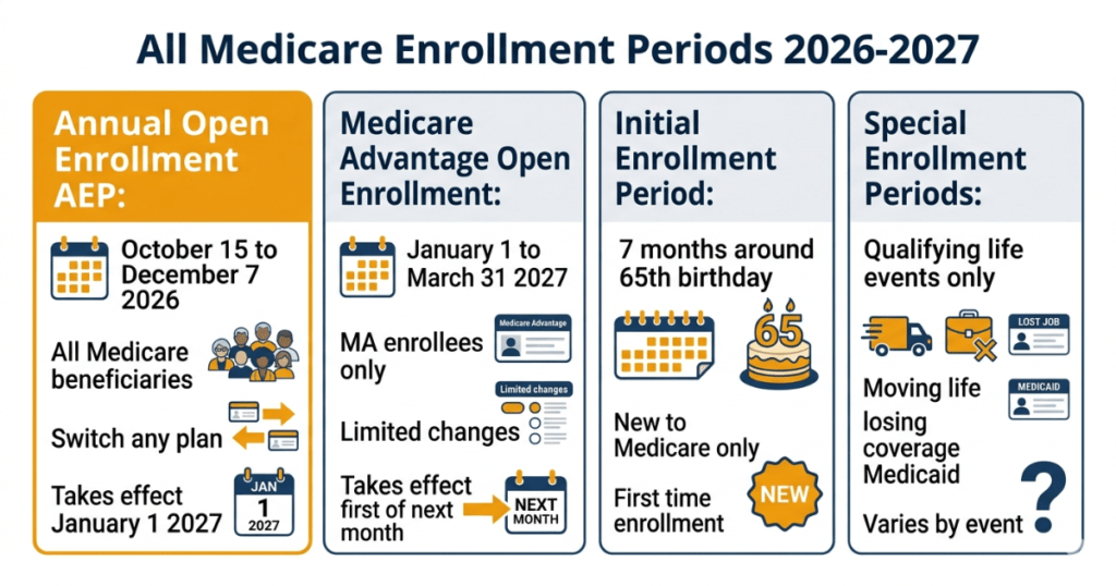 all medicare enrollment periods 2026 2027 dates aep advantage open initial special