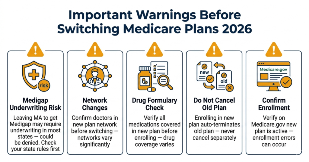 important warnings before switching medicare plans 2026 medigap network drugs