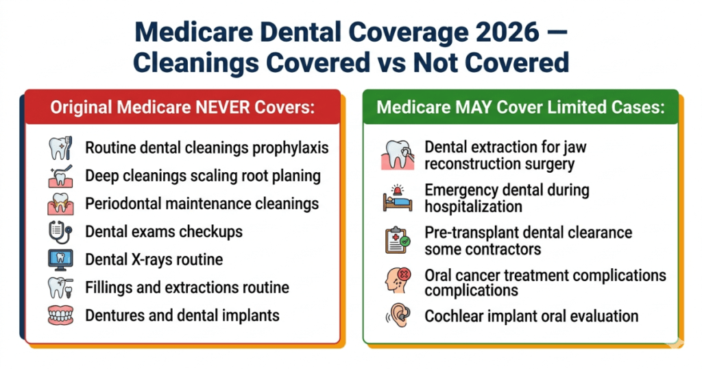medicare dental coverage 2026 cleanings covered vs not covered original medicare