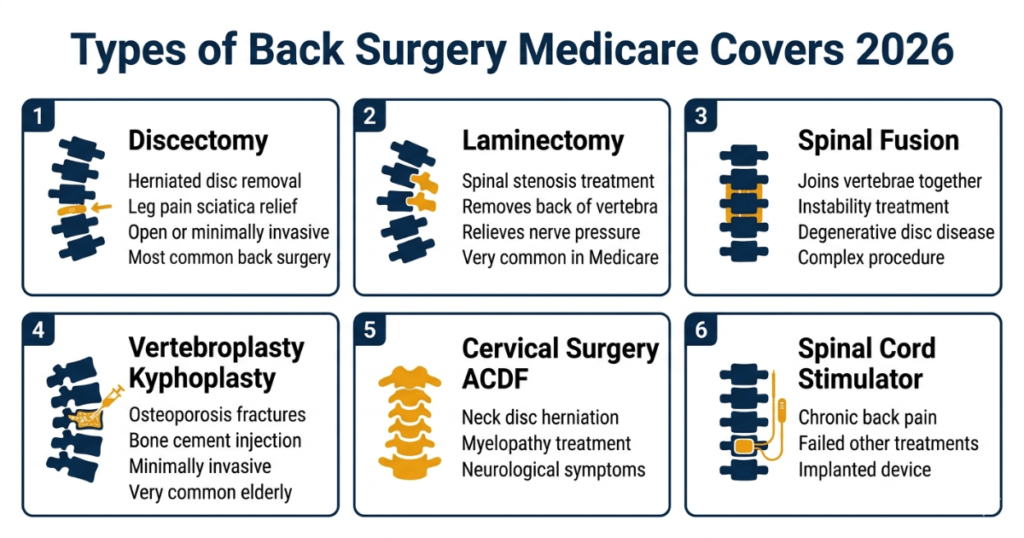 types of back surgery medicare covers 2026 discectomy fusion laminectomy vertebroplasty