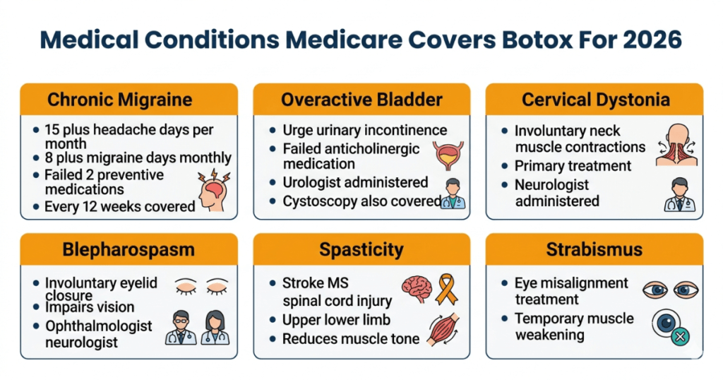 medical conditions medicare covers botox for 2026 migraine bladder dystonia spasticity