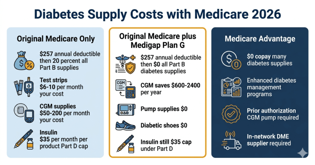 diabetes supply costs with medicare 2026 original medicare medigap advantage comparison