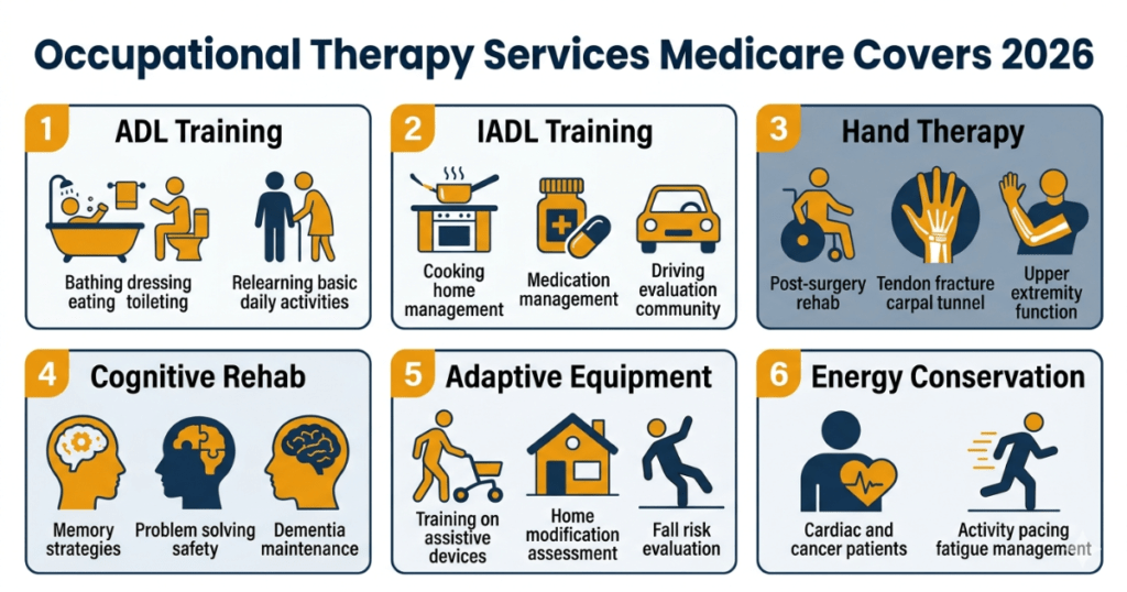 occupational therapy services medicare covers 2026 ADL IADL hand therapy cognitive