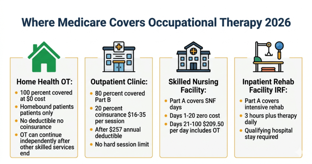 where medicare covers occupational therapy 2026 home outpatient snf inpatient settings