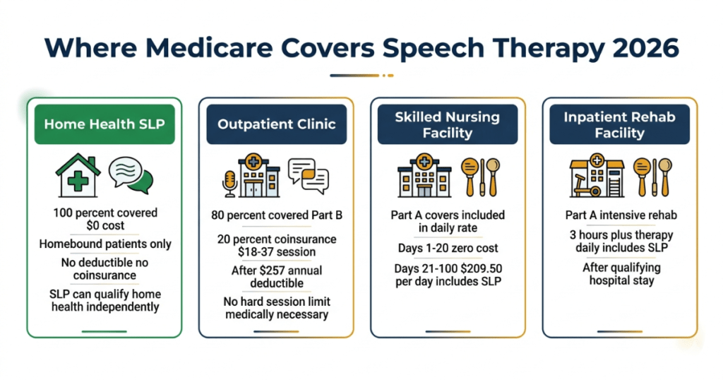 where medicare covers speech therapy 2026 home outpatient snf inpatient settings