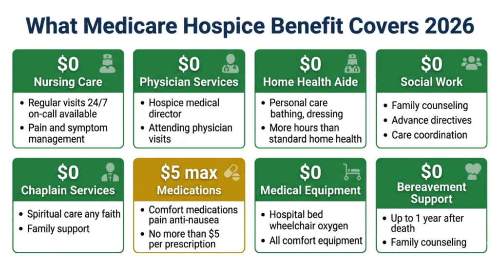 what medicare hospice benefit covers 2026 nursing medications equipment social work