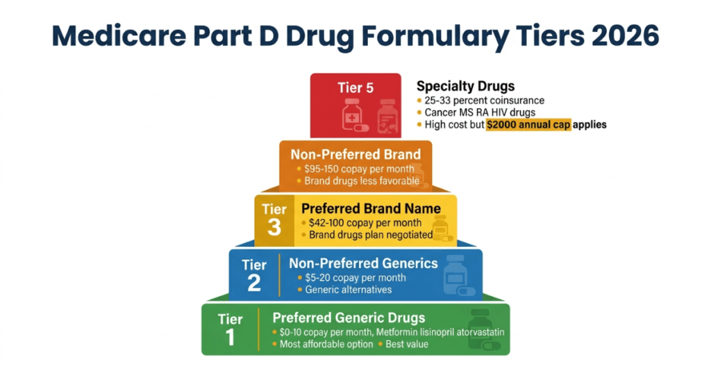 medicare part d drug formulary tiers 2026 tier 1 through 5 copays explained