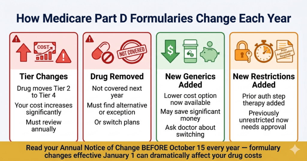 how medicare part d formularies change each year tier drug removal restrictions