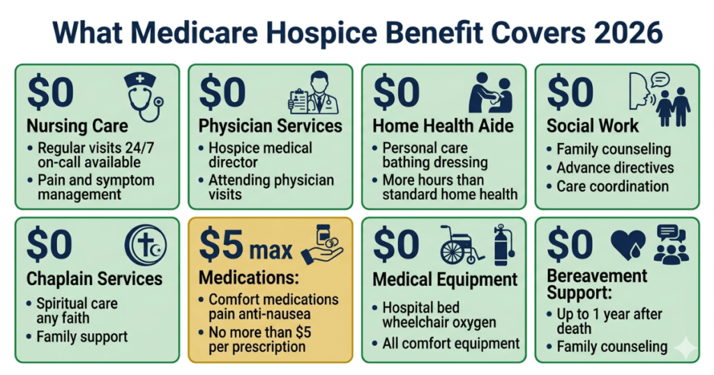 what medicare hospice benefit covers 2026 nursing medications equipment social work