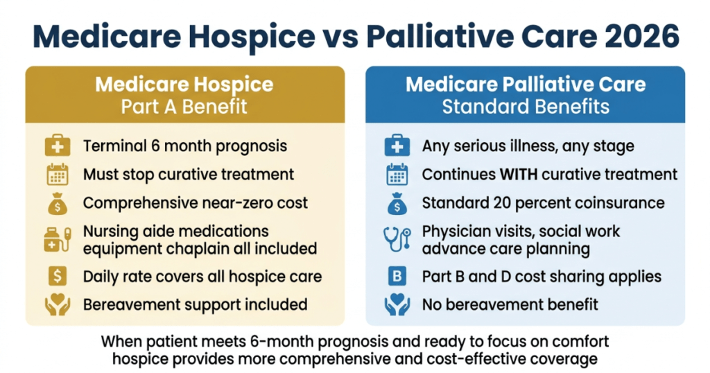medicare hospice vs palliative care 2026 comparison coverage cost differences