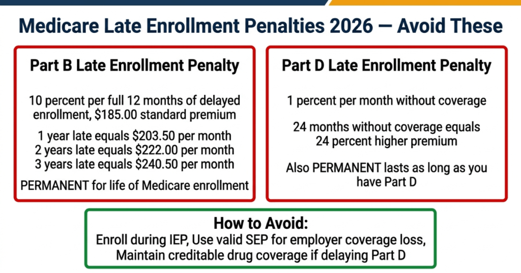 medicare late enrollment penalties 2026 part b part d permanent penalty explained