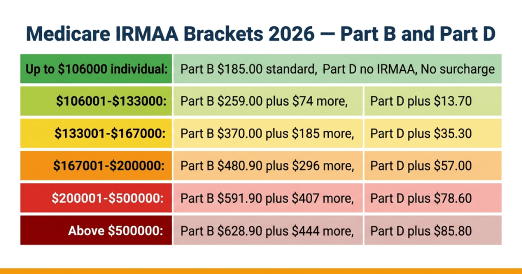 medicare irmaa brackets 2026 part b and part d income thresholds surcharge amounts
