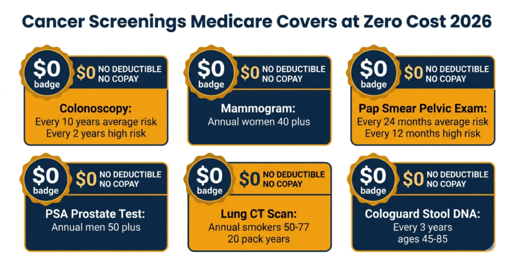 cancer screenings medicare covers zero cost 2026 colonoscopy mammogram psa lung