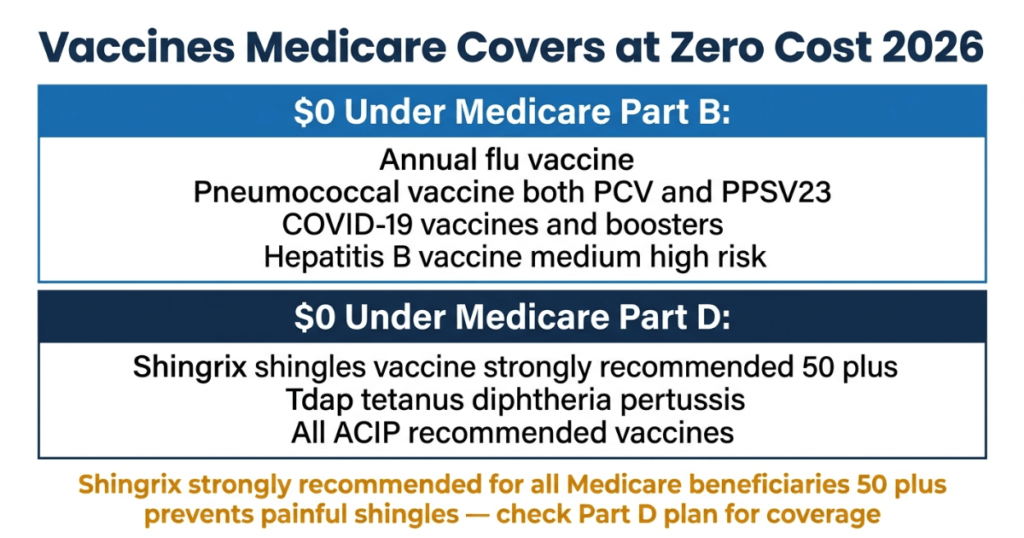 vaccines medicare covers zero cost 2026 flu pneumococcal shingrix covid part b part d