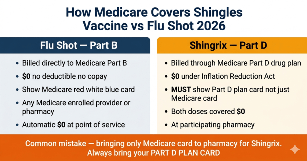 how medicare covers shingles vaccine vs flu shot 2026 part d vs part b difference