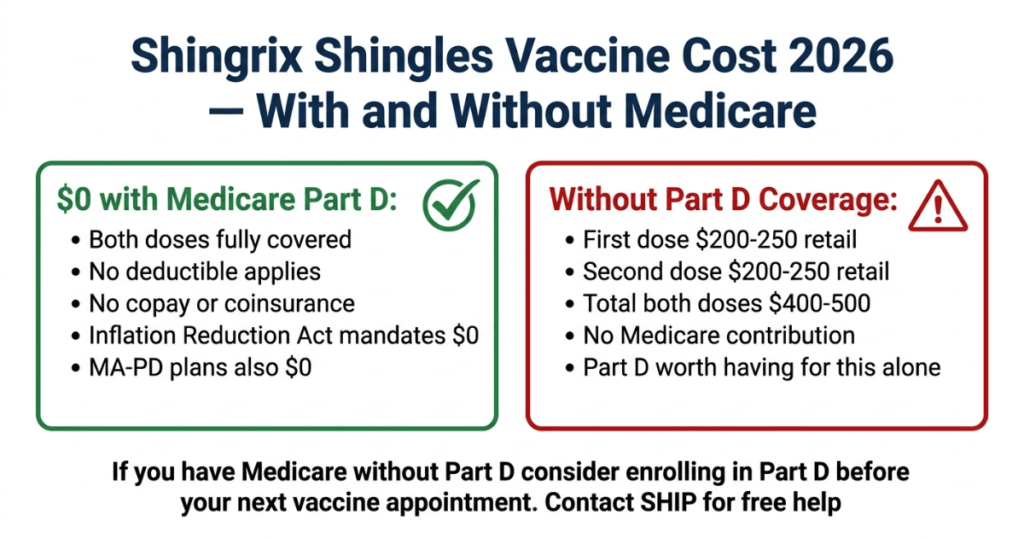 shingrix cost 2026 with medicare part d zero vs without medicare 400-500 retail