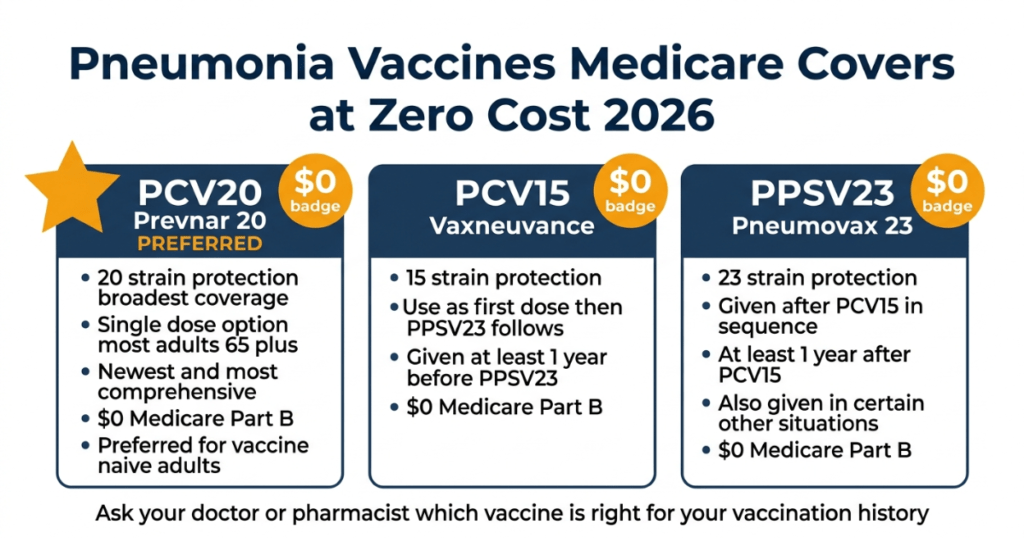 pneumonia vaccines medicare covers 2026 PCV20 PCV15 PPSV23 zero cost all doses