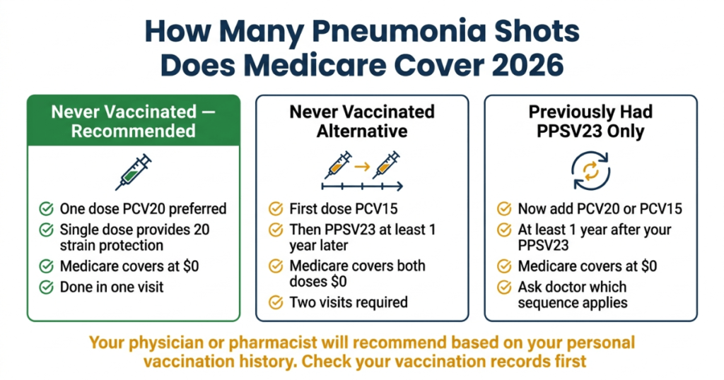 how many pneumonia shots does medicare cover 2026 PCV20 PCV15 PPSV23 schedule