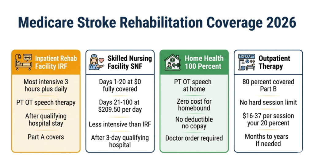 medicare stroke rehabilitation coverage 2026 inpatient snf home health outpatient settings