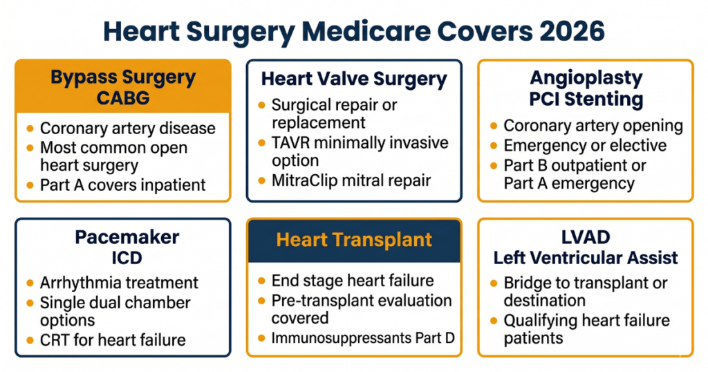 types of heart surgery medicare covers 2026 CABG valve angioplasty pacemaker transplant