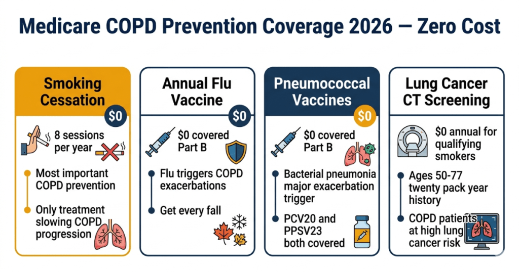 medicare COPD prevention coverage 2026 smoking cessation flu vaccine pneumonia lung CT