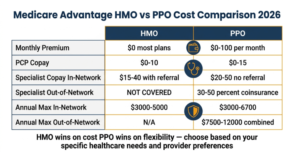 medicare advantage hmo vs ppo cost comparison 2026 premium copay out of pocket maximum