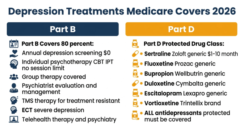 depression treatments medicare covers 2026 therapy TMS ECT antidepressants part b part d