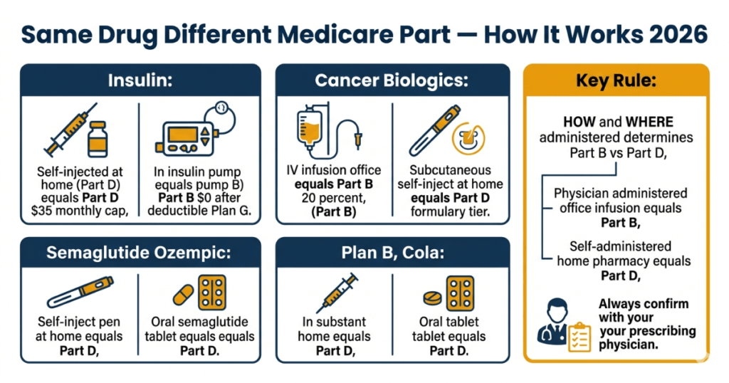 same drug different medicare part examples insulin semaglutide cancer biologics 2026