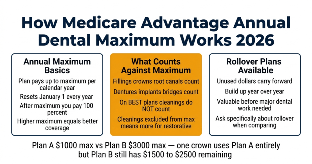 how medicare advantage annual dental maximum works 2026 rollover preventive exclusion
