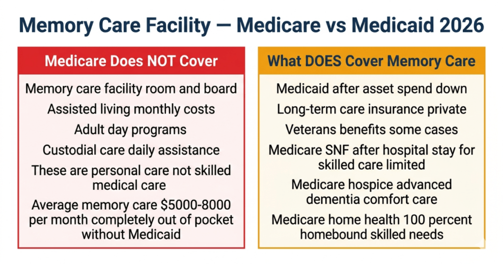 memory care facility medicare vs medicaid 2026 what is covered not covered dementia