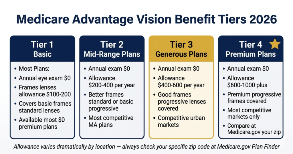 medicare advantage vision benefit tiers 2026 allowance $100 to $1000 comparison