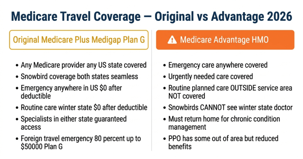 medicare travel coverage original medicare vs advantage 2026 snowbird comparison