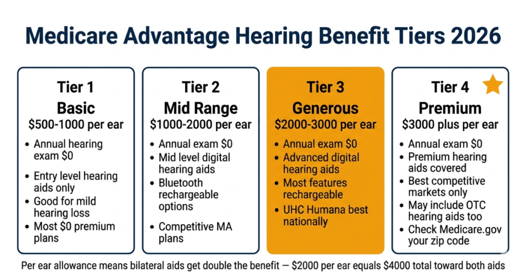 medicare advantage hearing benefit tiers 2026 allowance $500 to $3000 per ear comparison