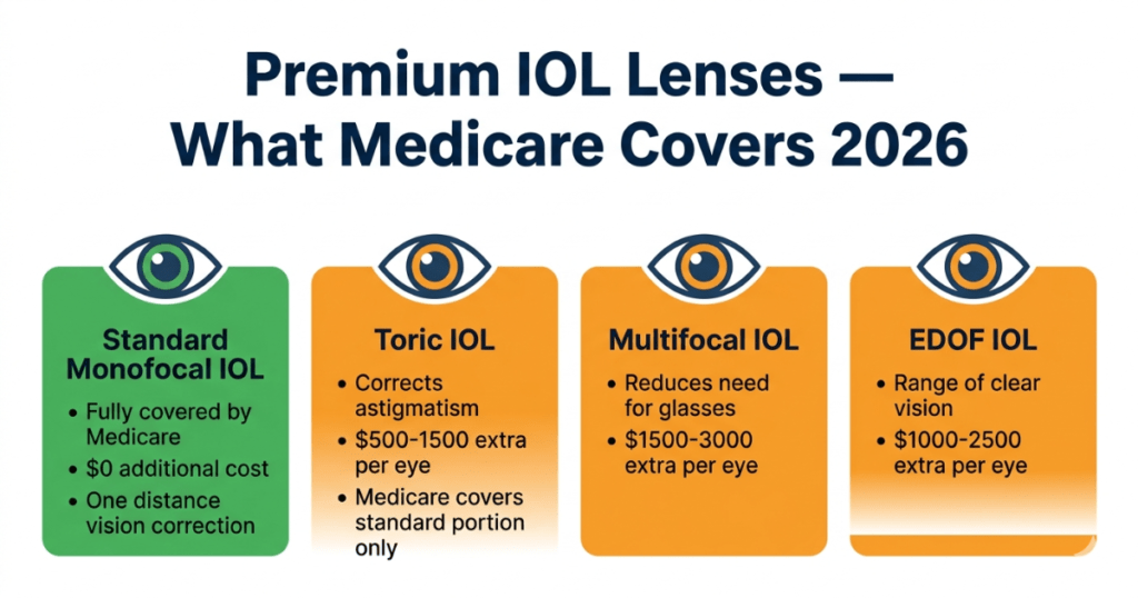 medicare premium iol lens coverage 2026 standard vs multifocal toric edof